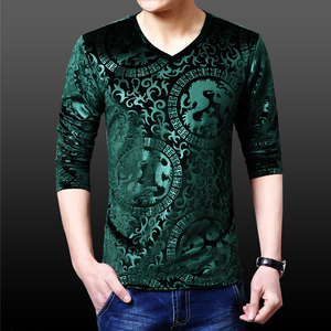 秋冬韩版男士青年中年v领园领长袖T恤 加大码修身打底衫潮金丝绒