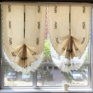 橄榄刺绣提拉帘扇形气球帘小窗户窗帘飘窗厨房免打孔魔术贴伸缩杆