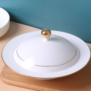 金边带盖盘子汤盘创意个性家用陶瓷碟子汤盅景德镇骨瓷炖盅小汤碗