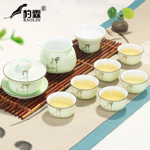 龙泉陶瓷青瓷功夫茶具套装家用品泡茶杯盖碗组合现代简约禅青花瓷