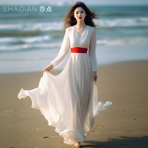 白色连衣裙2024夏季新款大摆裙长袖长裙长款到脚踝海边度假沙滩裙