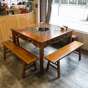 实木火锅桌商用大理石串串香圆桌电磁炉无烟一体火锅桌椅圆桌组合