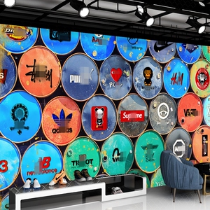 3d潮牌logo墙纸欧美潮流工业风油桶装饰背景墙壁画男装服装店壁纸