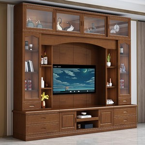 中式实木电视背景墙柜现代简约客厅家用电视机柜地柜储物高低柜