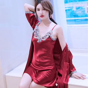 性感睡衣女睡袍两件套吊带裙透明薄款睡袍仿真丝绸情趣骚蕾丝诱惑