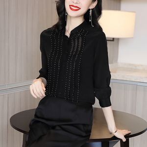 黑色真丝衬衫女2022秋装新款设计感小众重工订珠衬衣高端欧货小衫