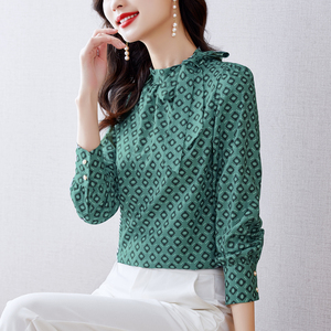 女式欧美有春装新款花格长袖衬衫宽松蝴蝶结飘带雪纺衫