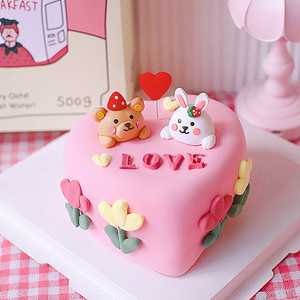 网红卡通小动物爱心love草莓兔熊熊杯子生日蛋糕甜品台软陶装饰台