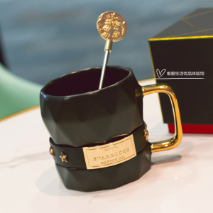 星巴克杯子新款黑金棱面马克杯陶瓷杯情侣水杯礼盒创意美式咖啡杯