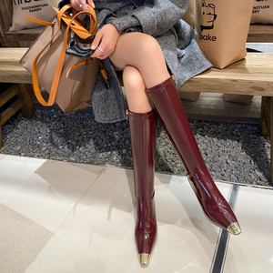 春秋靴亮皮高筒