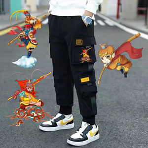 春秋季男童裤子儿童工装裤男孩中大童潮流孙悟空印花时髦束脚长裤