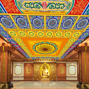 寺庙吊顶壁纸彩绘花纹墙纸横梁壁画廊柱天花板佛堂大厅古建筑墙布