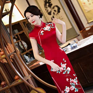 2021春季新款酒红色立体绣花旗袍长款高端婚礼妈妈装喜婆婆旗袍裙