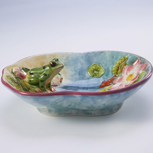 创意田园风青蛙荷塘小碗 装饰碗摆件 个性水果盘彩绘工艺品盘子