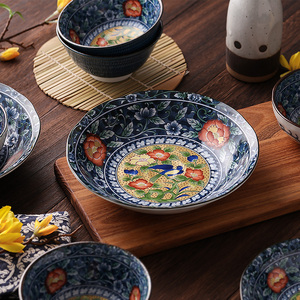 美浓烧日式进口陶瓷餐具复古轻奢宫廷风红花鸟纹汤碗饭碗盘子家用