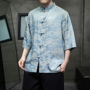 新中式唐装山水印花衬衫短袖男款中国风夏季冰丝汉服盘扣立领衬衣