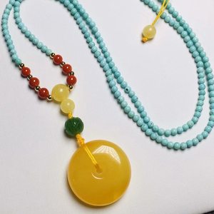 蜜蜡平安扣吊坠绿松石链子女款设计款项链原矿松石链子鸡油黄蜜蜡