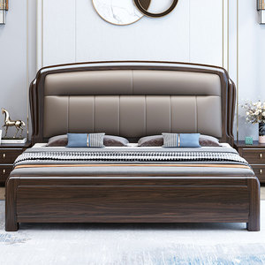 紫金檀木实木床轻奢真皮软包床新中式主卧双人床现代简约储物婚床