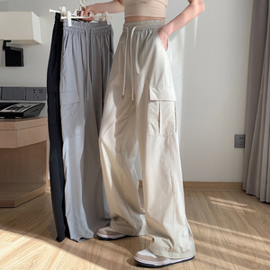 韩国白色速干工装裤女夏季薄款高腰阔腿裤休闲显瘦防晒美式运动裤
