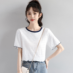 韩国2024新款木耳边白色短袖t恤女夏显瘦短款法式雪纺衫正肩上衣