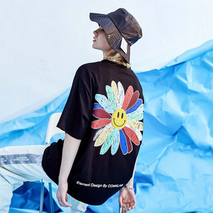 xlu迅鹿国潮笑脸彩虹花ins情侣装潮牌t恤男女嘻哈宽松短袖conklab