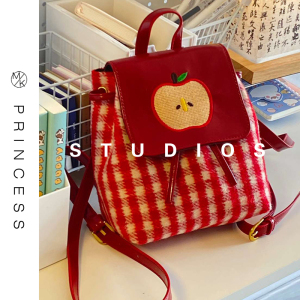 香港代购苹果双肩包包女2024新款可爱学生小书包原创红色格子背包