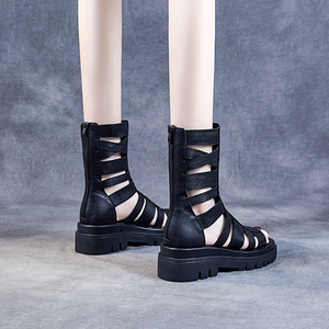 真皮夏天高帮凉鞋女罗马鞋头层牛皮包跟女士厚底中跟高筒夏款女鞋