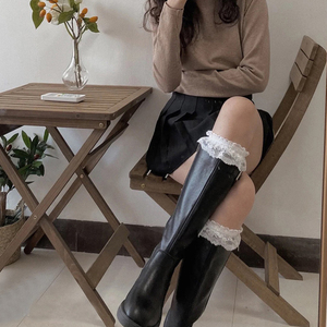 日本厚木新款春夏季长靴搭蕾丝袜花边过膝袜叠穿马丁靴日系白色花