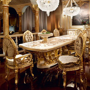 皇加豪庭 法式宫廷餐桌椅组合实木雕花饭桌别墅餐厅彩绘欧式餐台