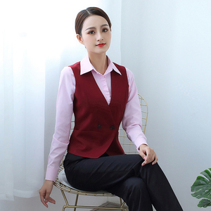 兴业银行行服女春夏工装制服马甲银行大堂红色条纹马甲裤子套装