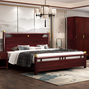 新中式大床主卧赤金檀木实木高箱气压1.8米双人轻奢家具套装组合