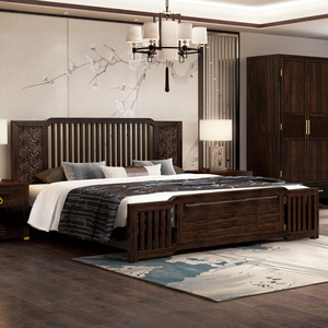 新中式大床实木主卧双人1.8米气压高箱储物赤金檀木家具套装组合