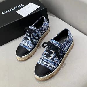 chanel/香奈儿女鞋2021春季新款小香双c花呢布珍珠厚底休闲渔夫鞋