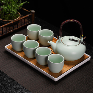 汝窑茶具套装提梁壶家用中式整套大号陶瓷茶壶现代简约喝茶杯茶盘