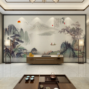 中式电视背景墙壁纸客厅装饰影视墙布山水情沙发书房壁画墙纸壁布