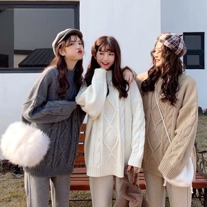 2020秋冬新款ins超火网红闺蜜装宽松半高领中长款麻花毛衣女套头