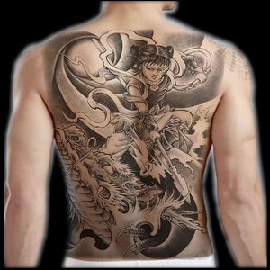 满背老传统哪吒挑龙筋半臂纹身贴防水持久社会男女逼真遮疤纹身贴