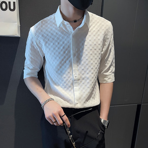 Frying pan夏季薄款男士菱形格子衬衫韩版修身纯色方领中袖衬衣潮