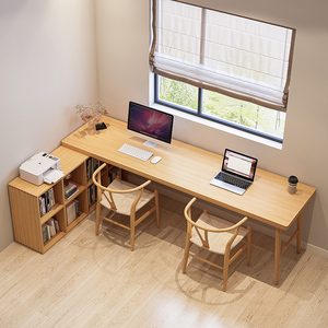 实木转角书桌书柜一体靠墙双人电脑桌学生学习桌带书架l型办公桌