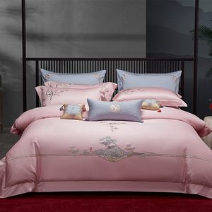 新中式刺绣结婚全棉床上四件套粉色绣花被套纯棉床单婚庆床品高端