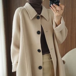 秋冬奶茶色大衣中长款腰带宽松韩版高端赫本双面羊绒大衣毛呢外套