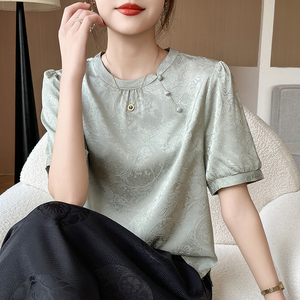 新中式真丝短袖女夏季国风桑蚕丝t恤衫印花薄款宽松高端缎面上衣