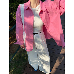 2024年春季新款温柔风粉色长袖衬衫女韩版设计感宽松百搭显白上衣