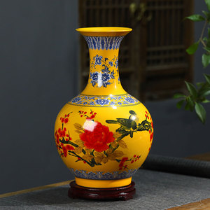 景德镇陶瓷器黄富贵牡丹花鸟花瓶插花酒柜客厅装饰品婚庆中式摆件