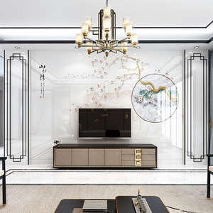 轻奢电视背景墙瓷砖新中式山水画微晶石大气客厅现代简约仿大理石