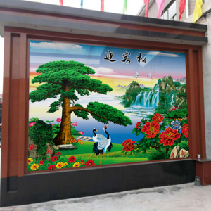 迎门背景墙瓷砖庭院福字国画3d中式客厅室外照壁山水画户外微晶石