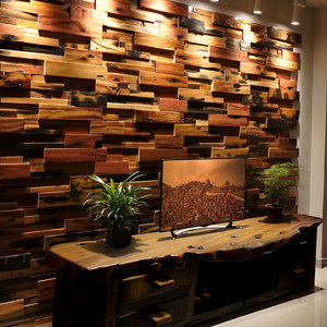 古老船木马克电视背景墙招牌牌匾前台实木立体装饰背景墙木条线条