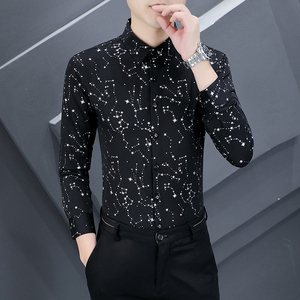 韩版黑色非主流精神小伙衬衫印花男式长袖衬衣炫酷图案上衣休闲装