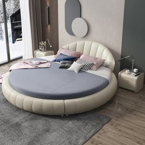 现代简约情侣圆床卧室极简公主床高端真皮床实木静音双人软包大床