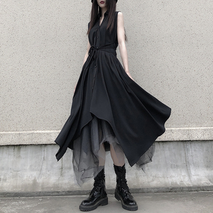 GUYI山本风暗黑不规则赫本风无袖裙子女夏季设计感衬衫黑色连衣裙